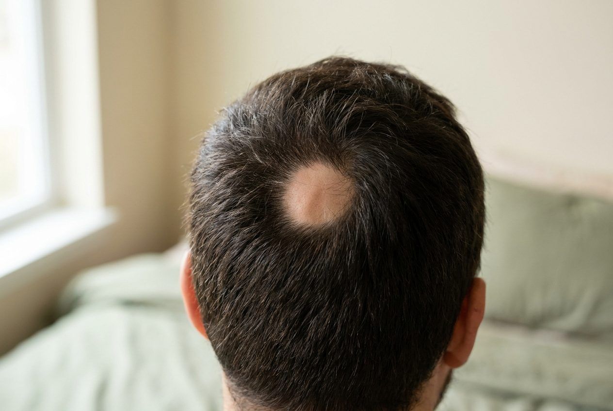 The back of a head of dark hair, with one small smooth round patch.