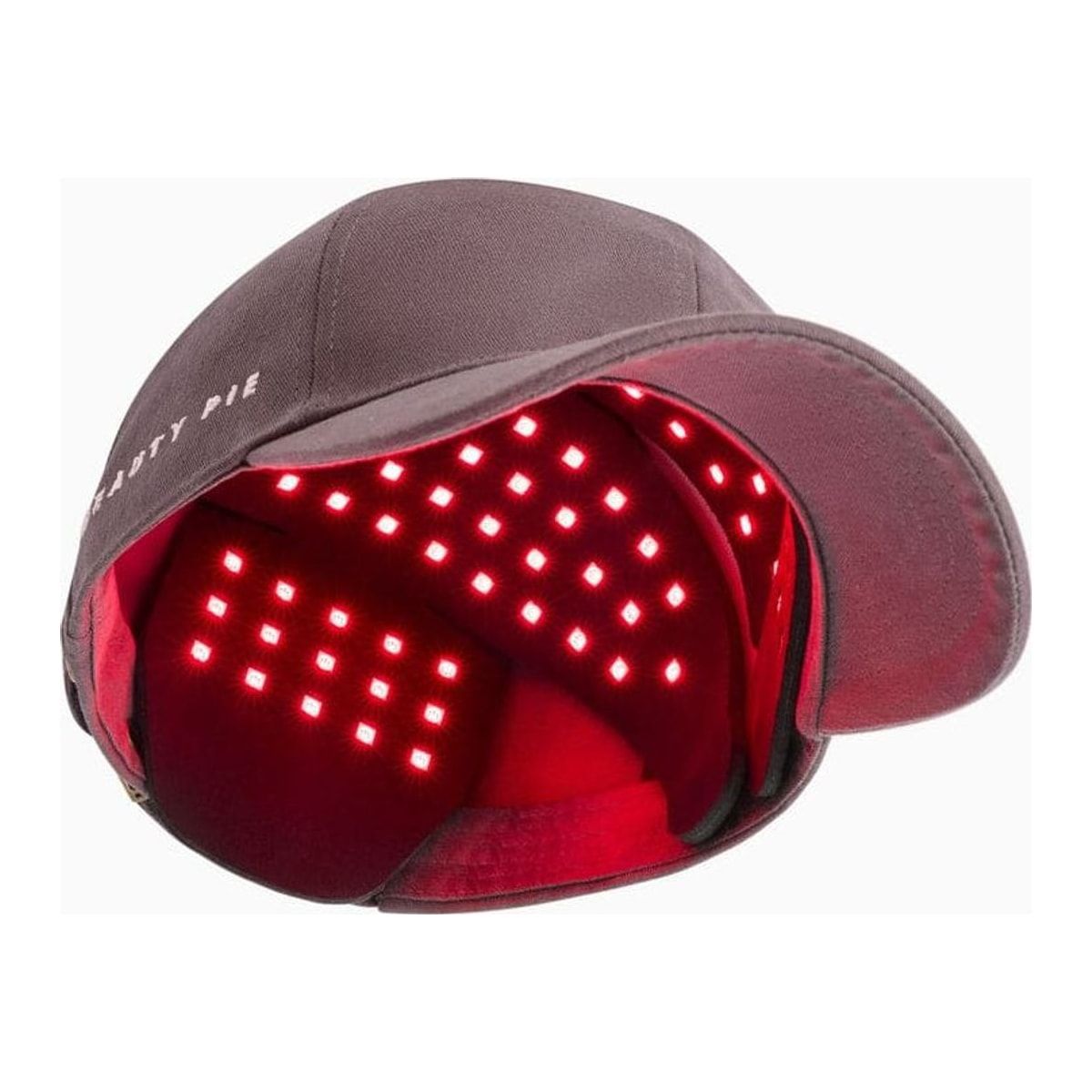 Close-up of the Beauty Pie cap fabric with a red LED glowing through it.