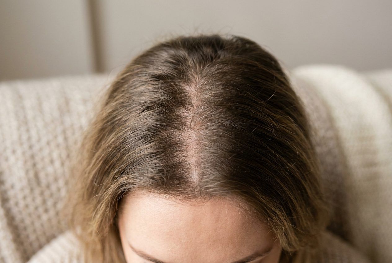A top-down view of a widening centre parting in brown hair.
