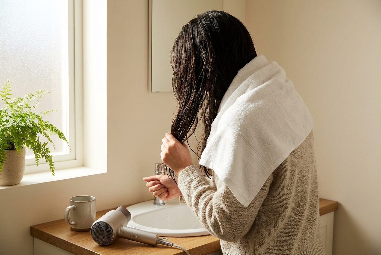 A woman seen from behind, squeezing wet hair in a white towel, with a hairdryer on the counter.