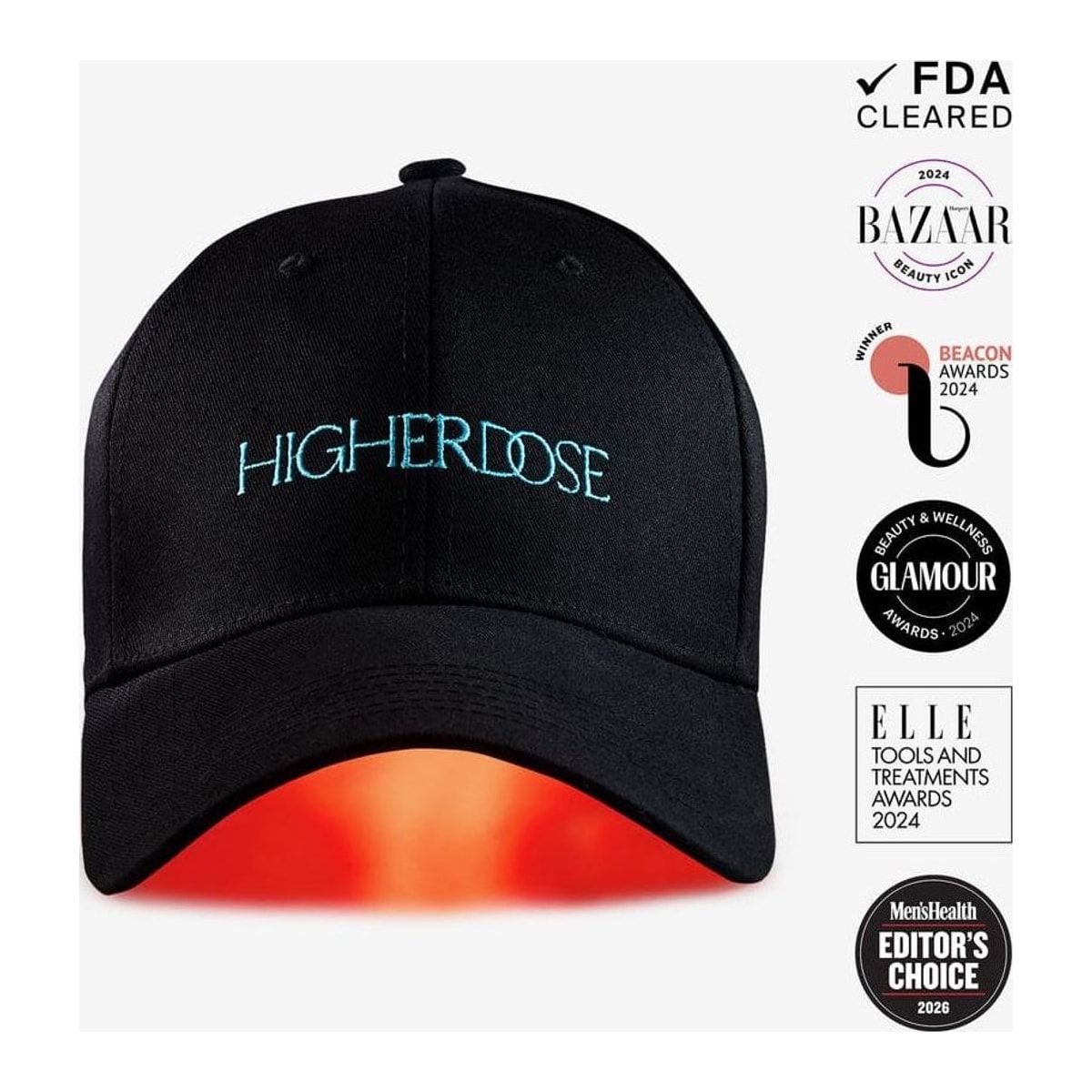 HigherDOSE Red Light Hat, a black baseball cap, on a light background.