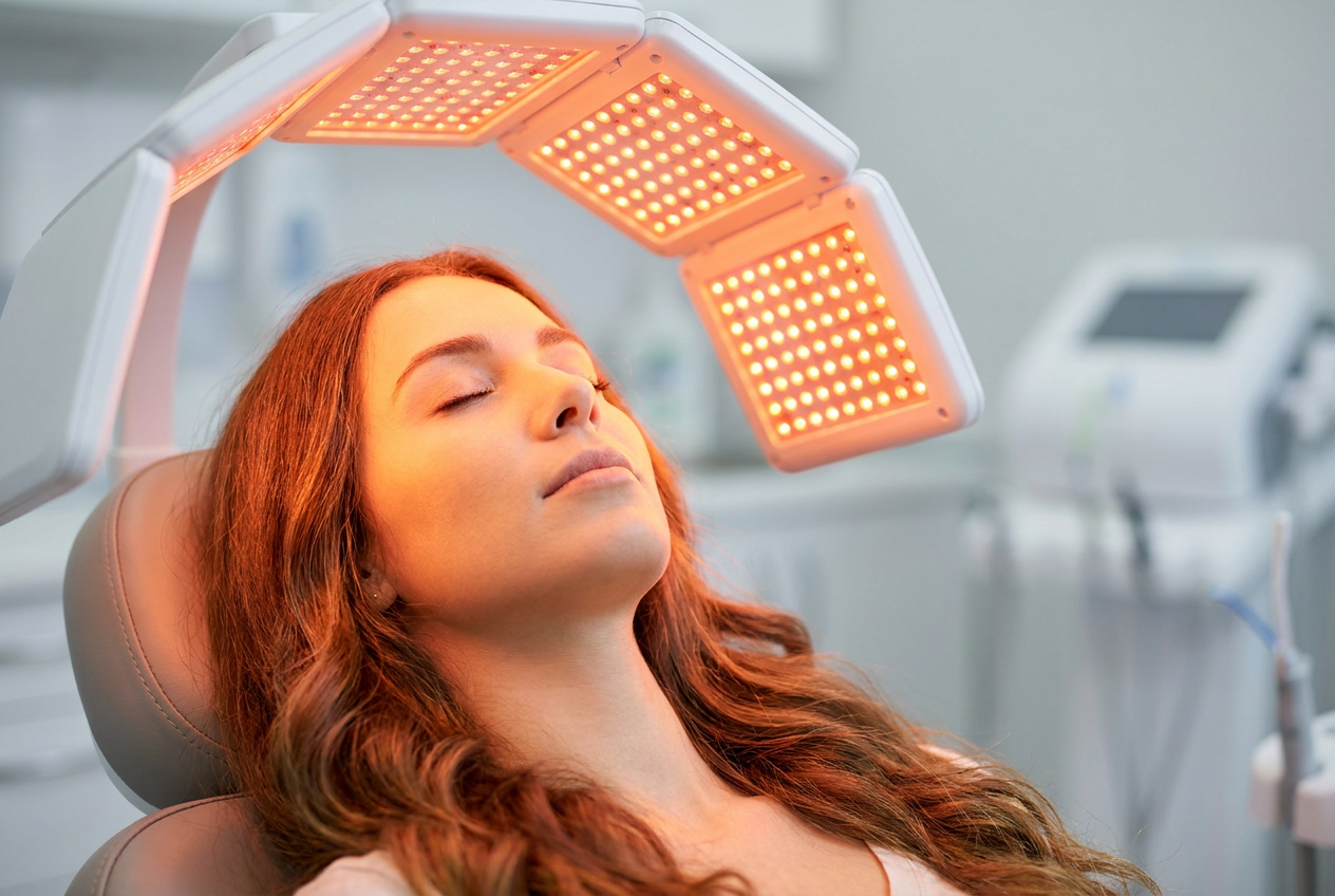 Woman reclining under a curved multi-panel LED scalp therapy device in a clinic.