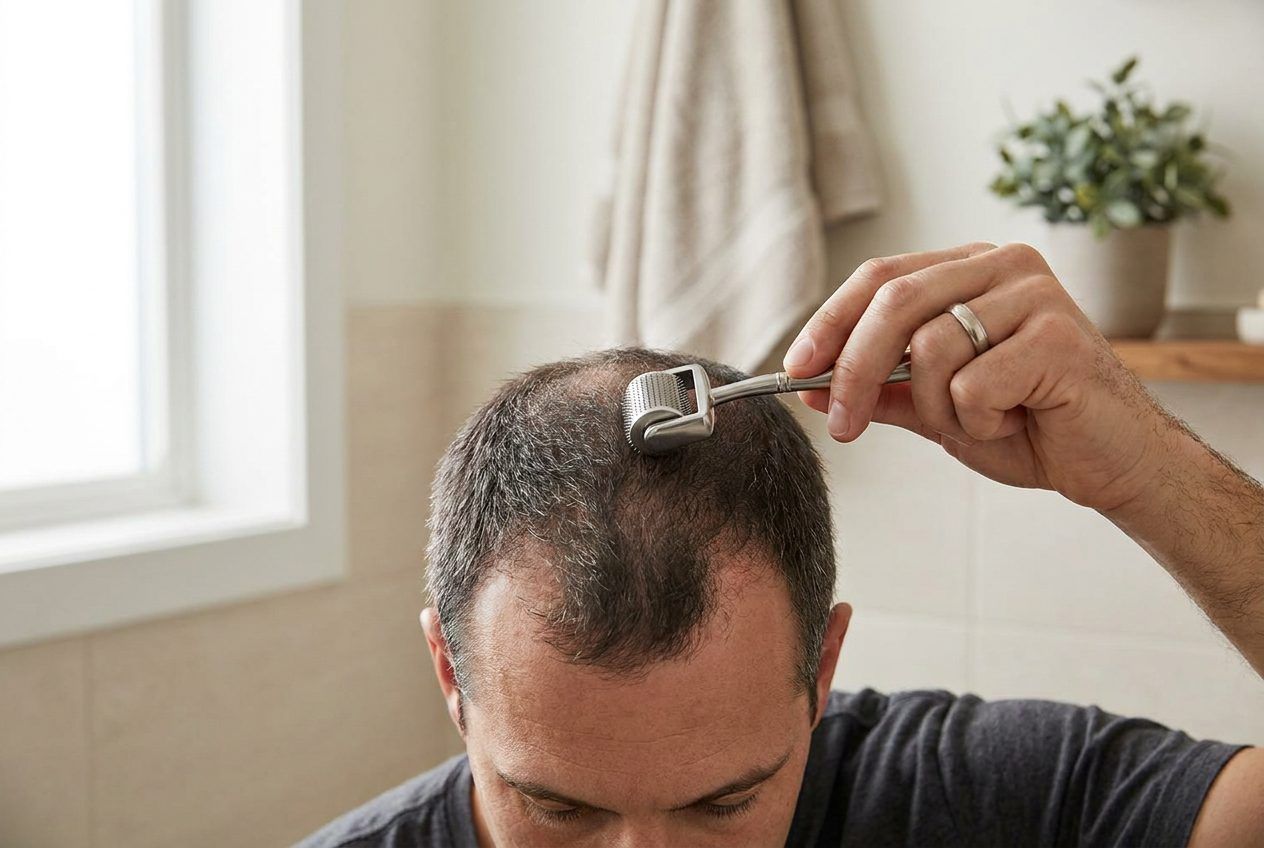 A hand holding a stainless derma roller above a thinning crown.