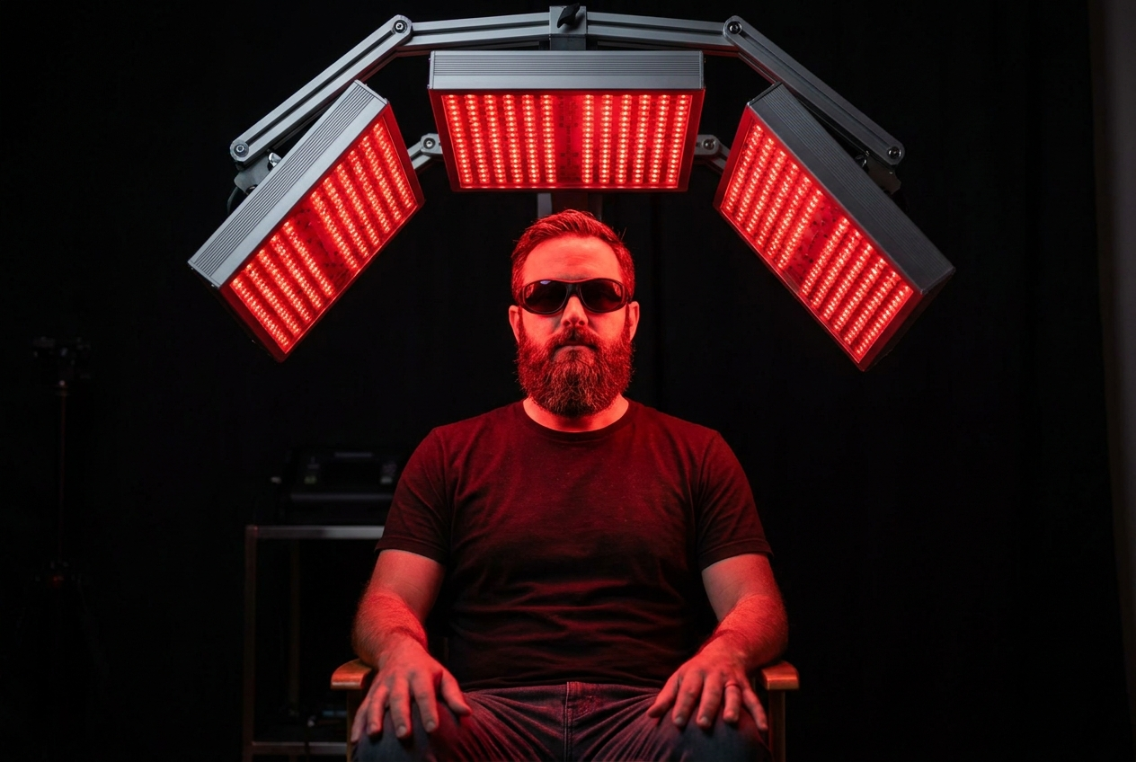 Man wearing protective glasses under a multi-panel red LED therapy device.