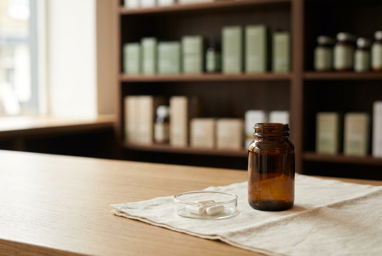 White capsules in a glass dish beside an unlabelled bottle.