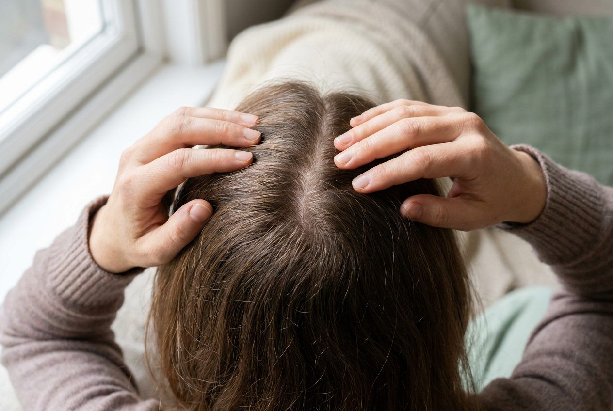Two hands parting brown hair to show the scalp along the parting.