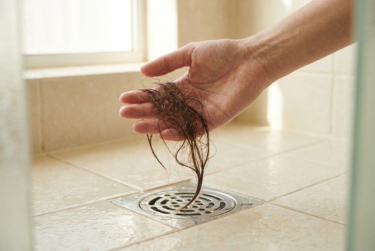 A hand holding shed hair over a shower drain.