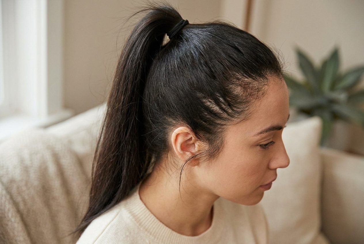 A tight high ponytail pulling at the hairline by the temple.