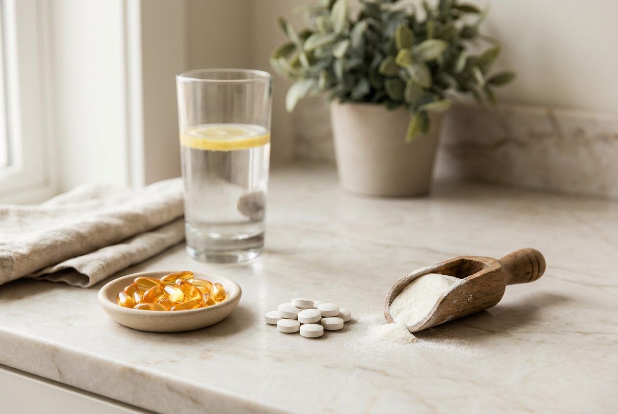 Golden softgels, white tablets, a scoop of white powder and a glass of water.